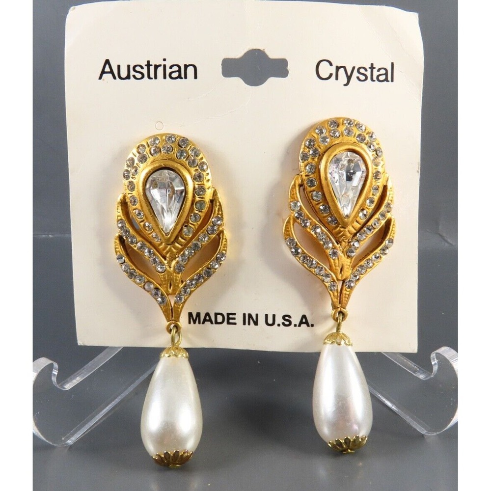 VTG NOS NEW Austrian Crystal LARGE DANGLE EARRINGS Gold Tone FAUX PEARL DROP